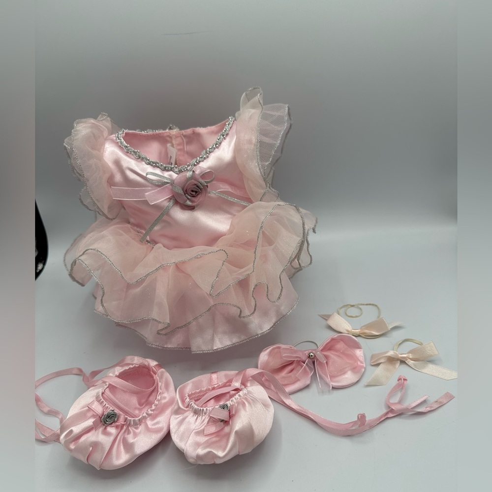 Build-a-Bear Pink Ballerina Fairy Satin Outfit Tutu Silver Trim Slippers Bow Set